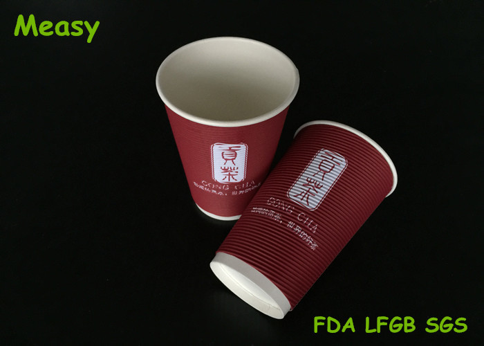 16 onzas de café, leche, té, tazas de papel corrugado, olas redondas, patrón rojo